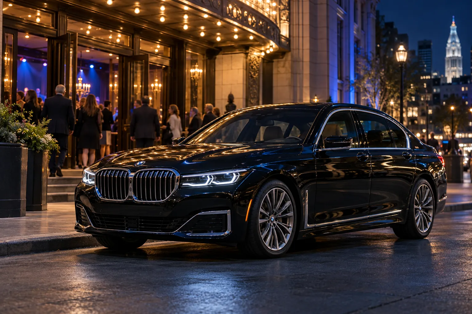 Black luxury sedan parked outside an event venue at night