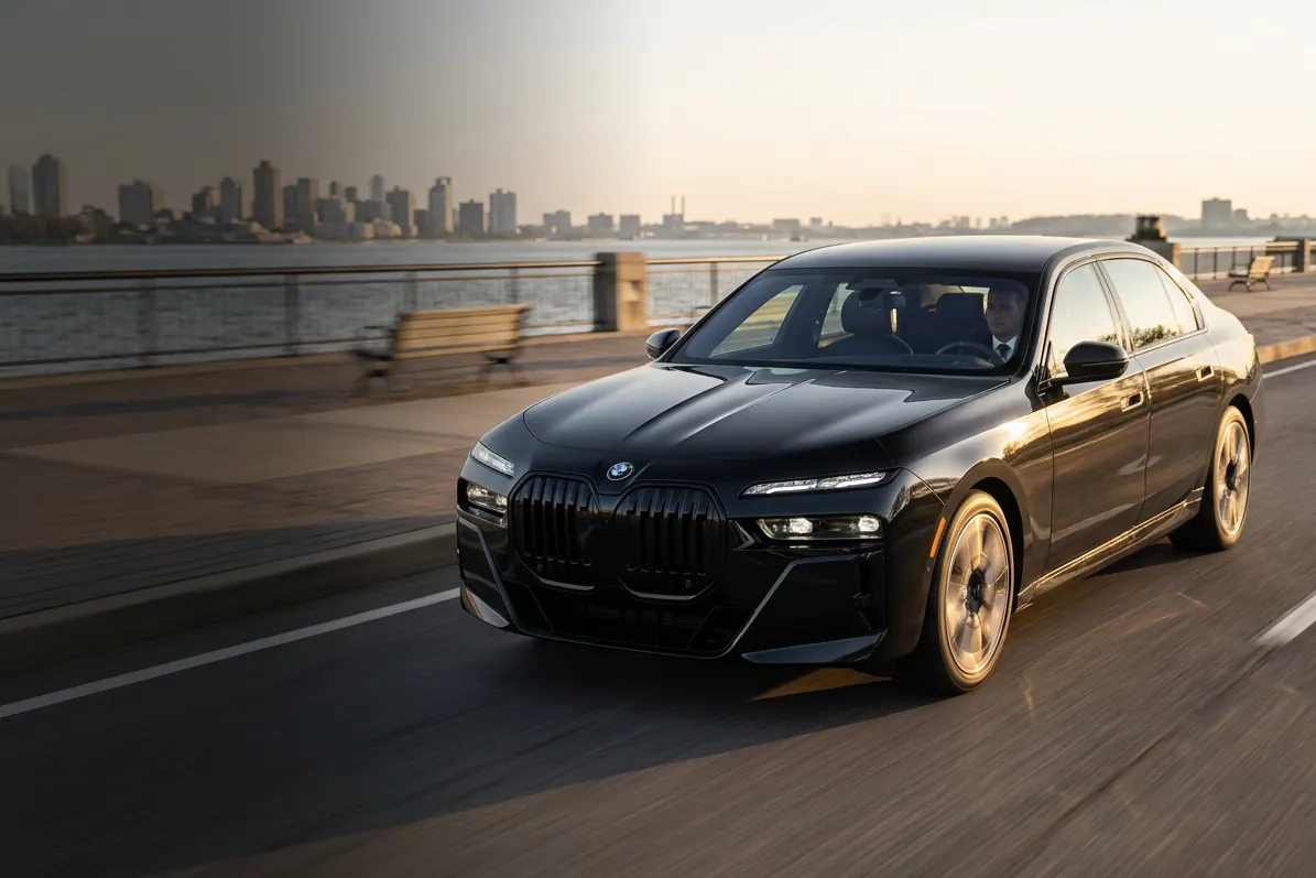 Black luxury sedan with a chauffeur at the wheel, driving along a waterfront road at sunset