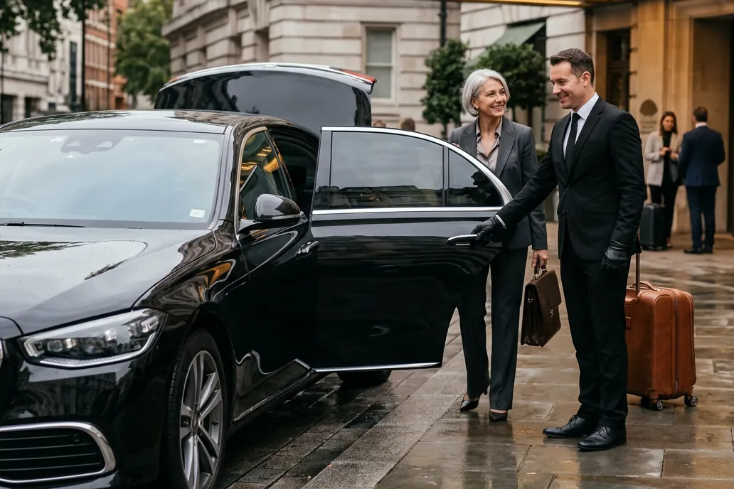 Chauffeur holding the rear door of a black sedan for a business traveler with a briefcase and suitcase