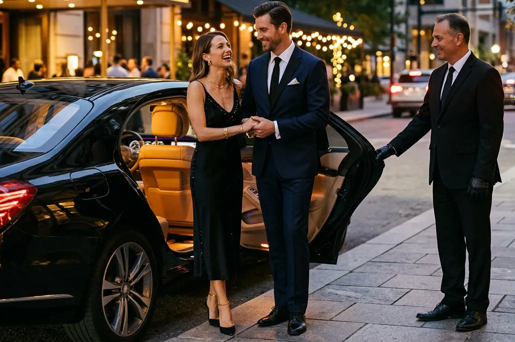 Chauffeur holding the door of a black sedan as a couple arrives for dinner in the evening