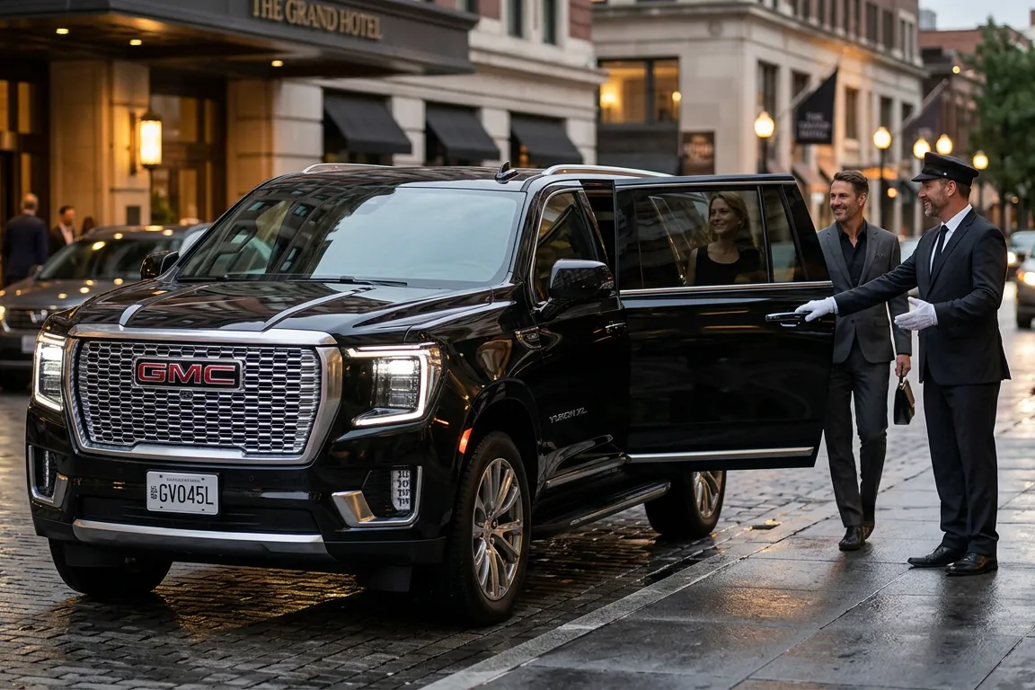 Chauffeur in a cap and gloves holding open the door of a black SUV for a couple outside a hotel at dusk