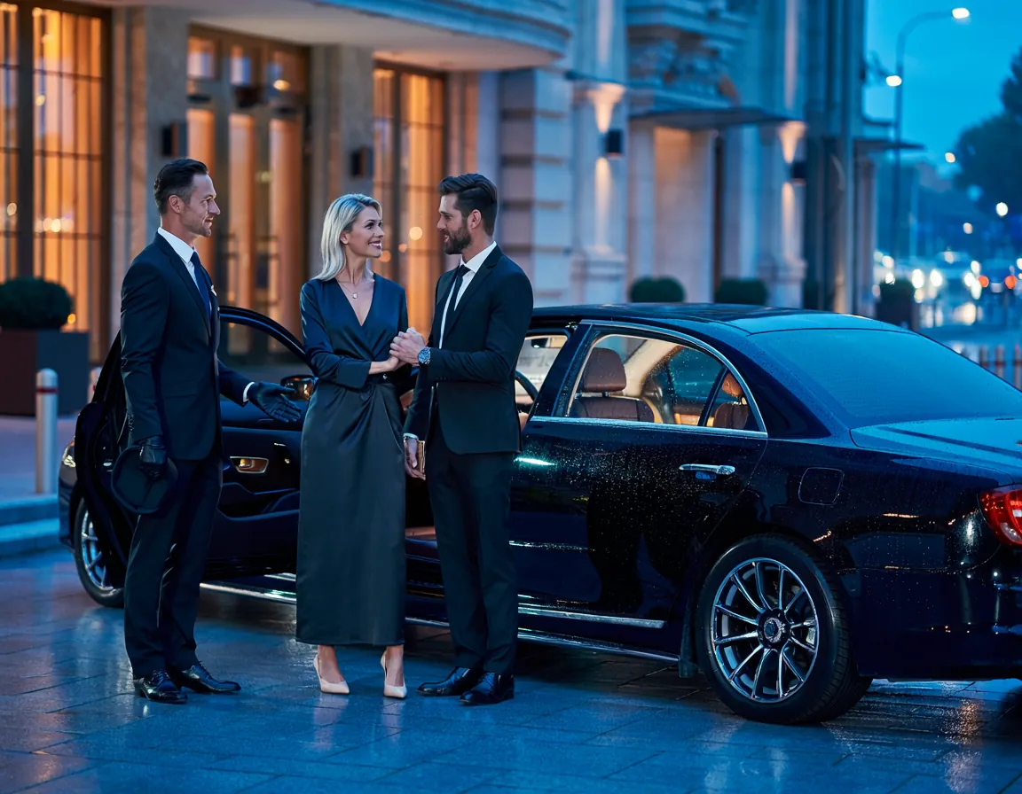 Couple in evening wear greeted by a chauffeur beside a black sedan at dusk