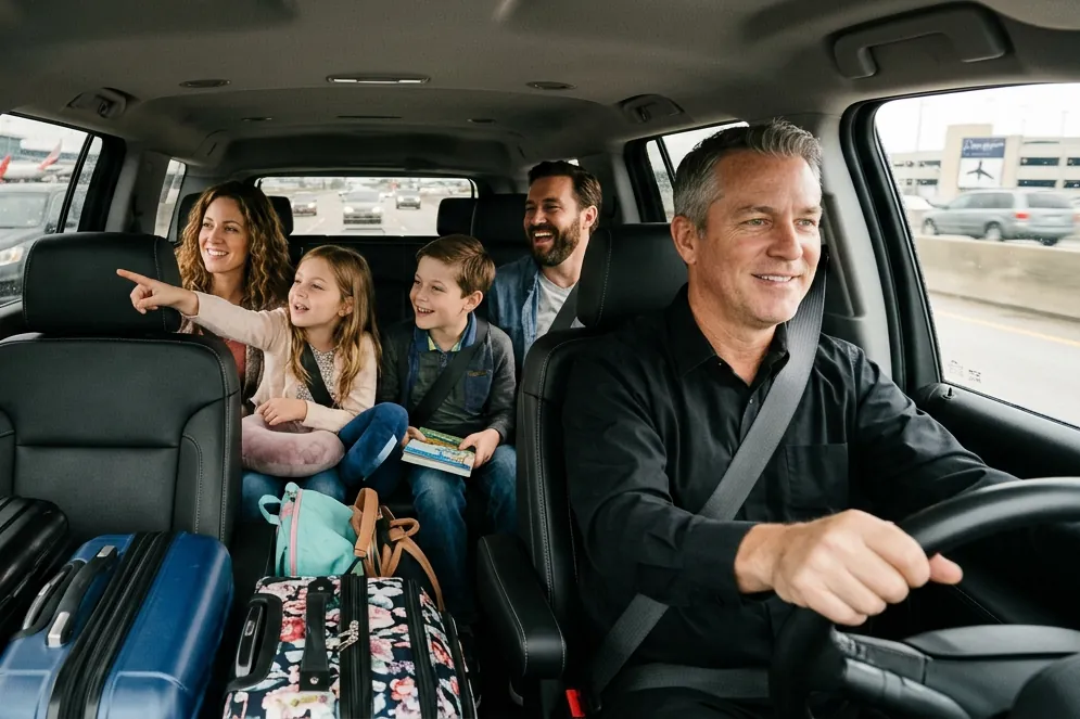 Family with two children and their luggage riding in an SUV toward an airport terminal