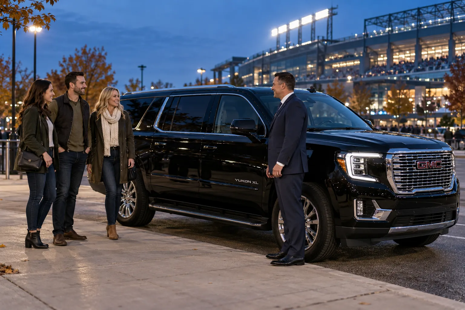 Three friends meeting their driver beside a black SUV outside a stadium on a game night